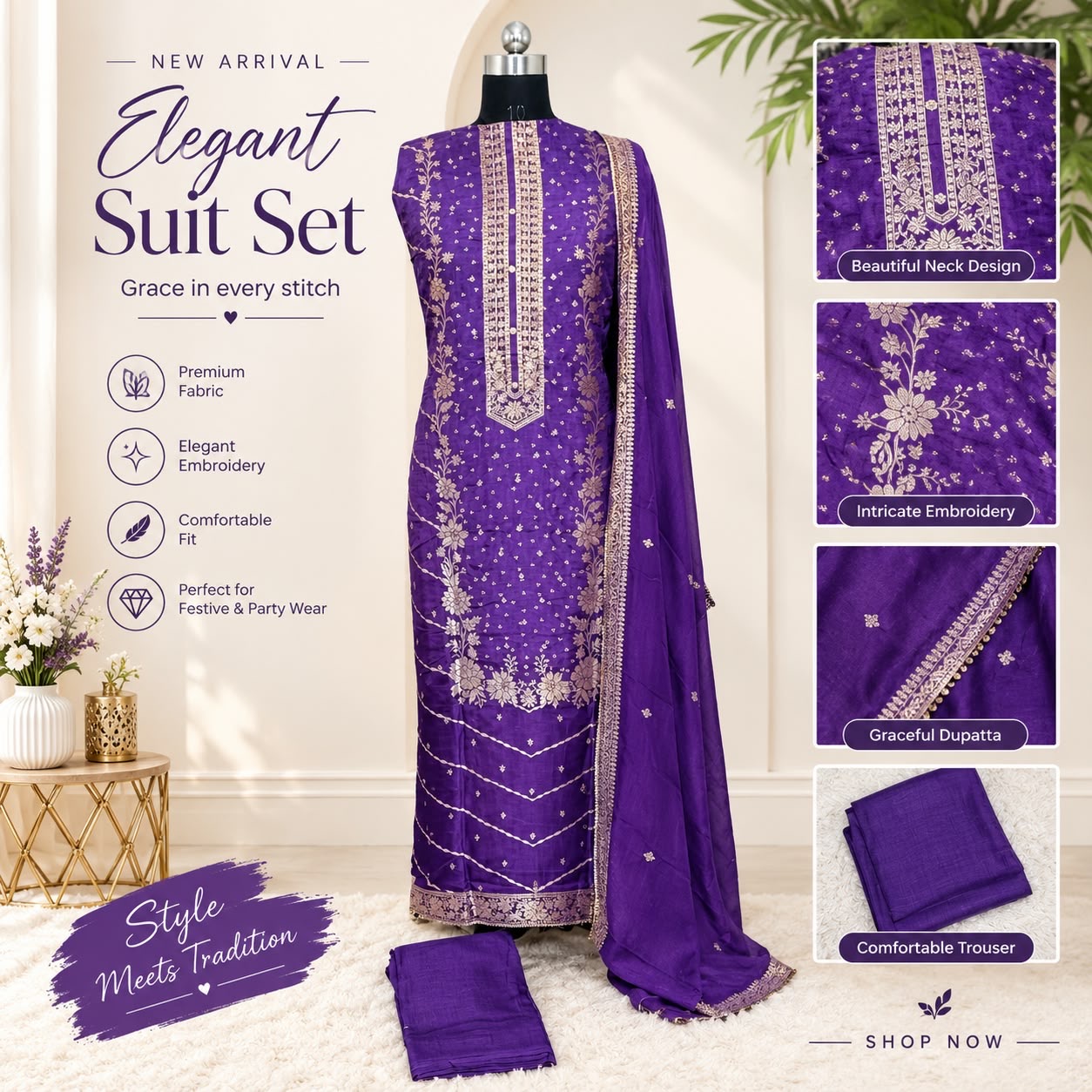 Royal Purple Dola Silk Suit Set with Dabka & Embroidery Work